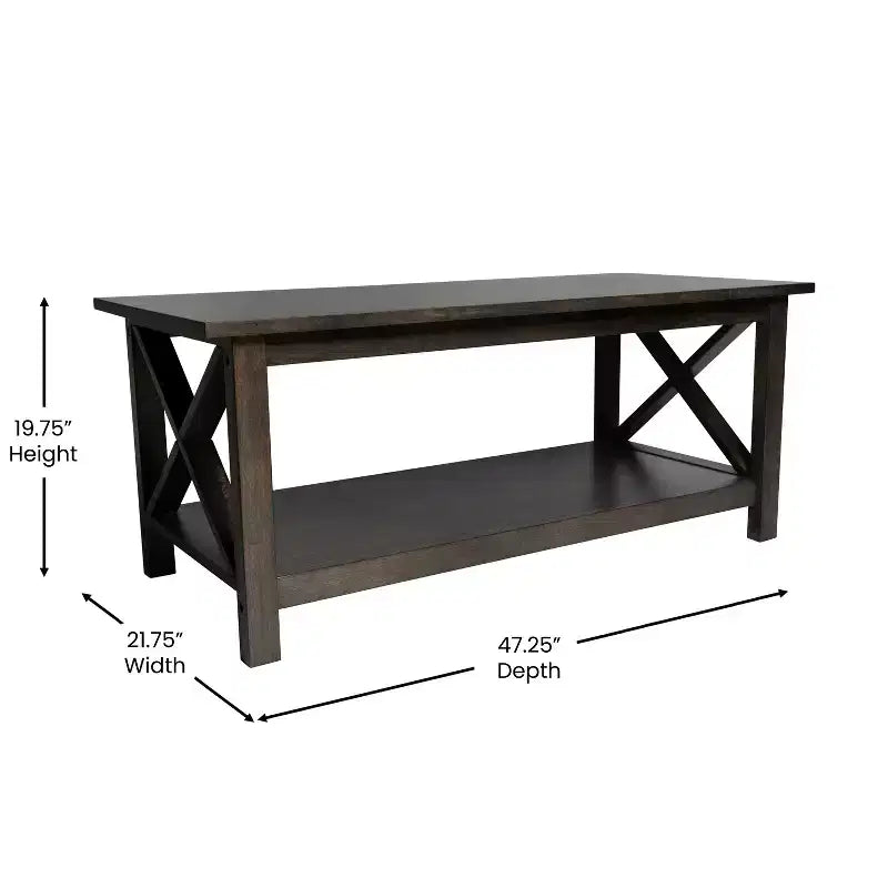 Table basse de style campagnard en bois massif avec étagère de rangement