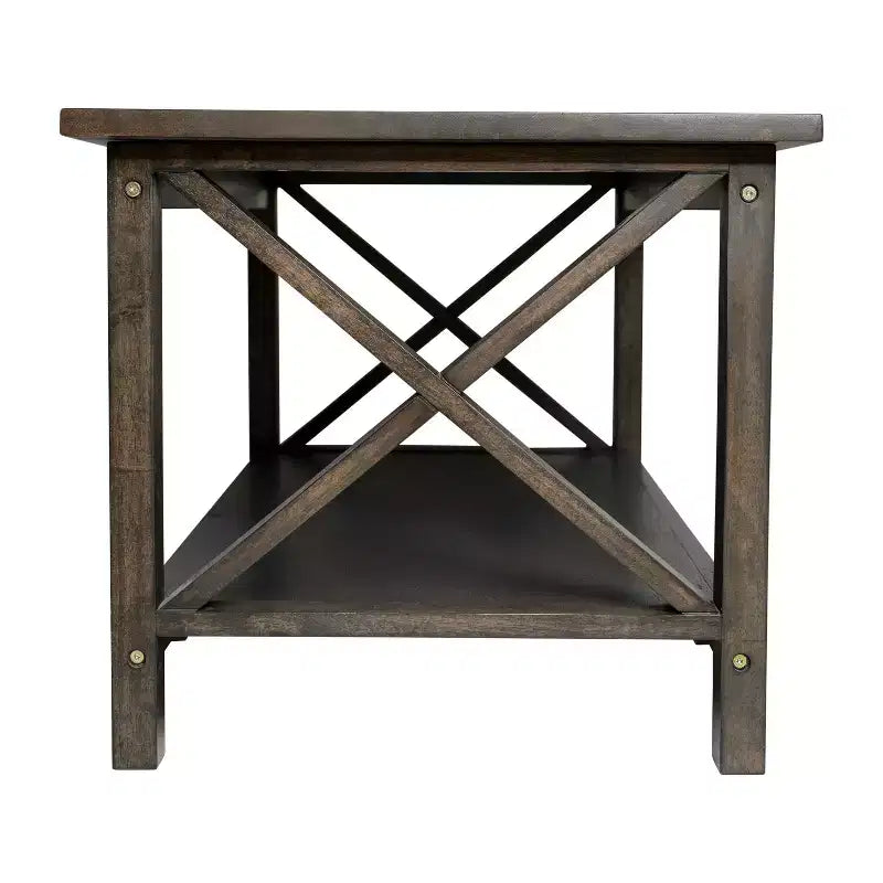 Table basse de style campagnard en bois massif avec étagère de rangement