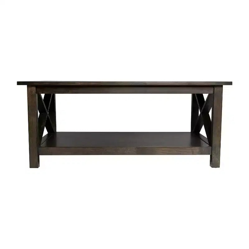 Table basse de style campagnard en bois massif avec étagère de rangement