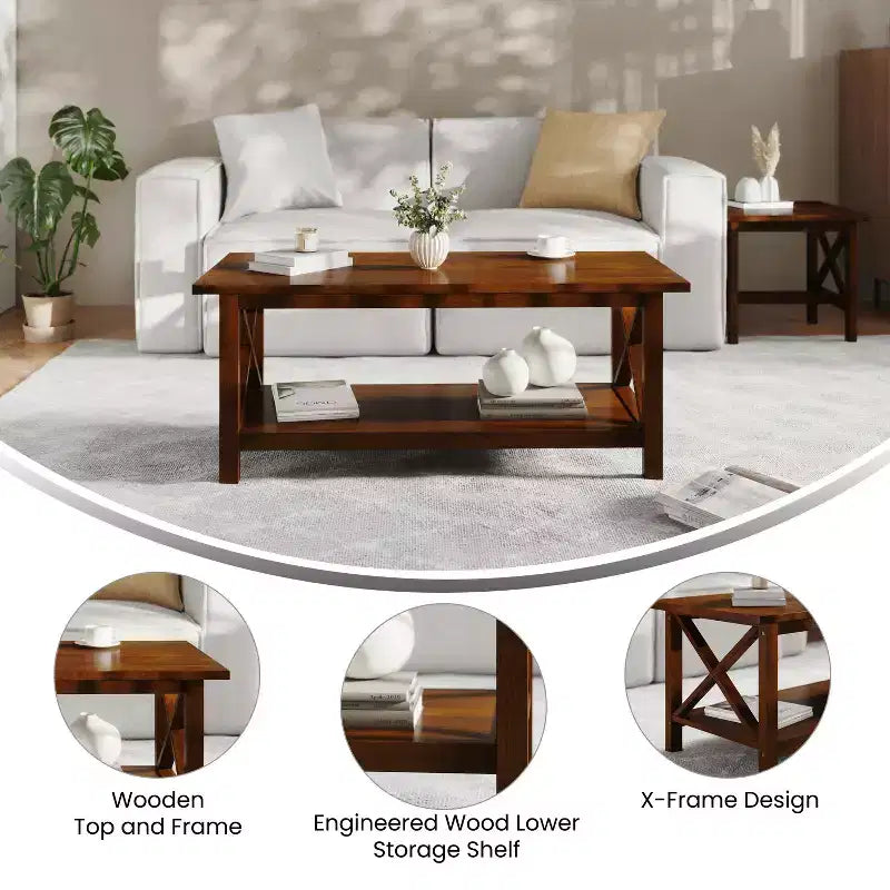 Table basse de style campagnard en bois massif avec étagère de rangement