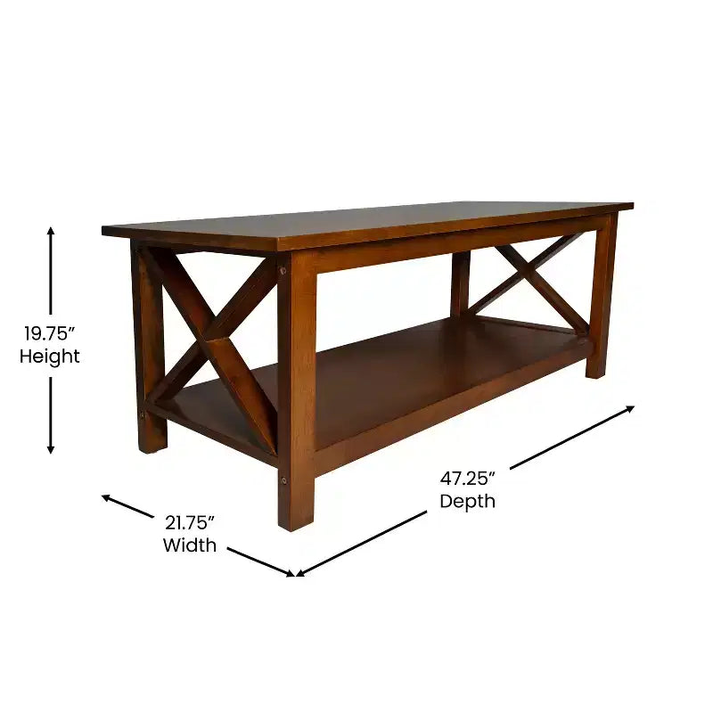 Table basse de style campagnard en bois massif avec étagère de rangement