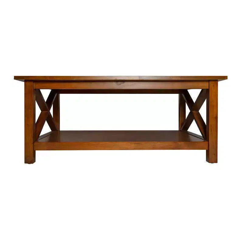 Table basse de style campagnard en bois massif avec étagère de rangement
