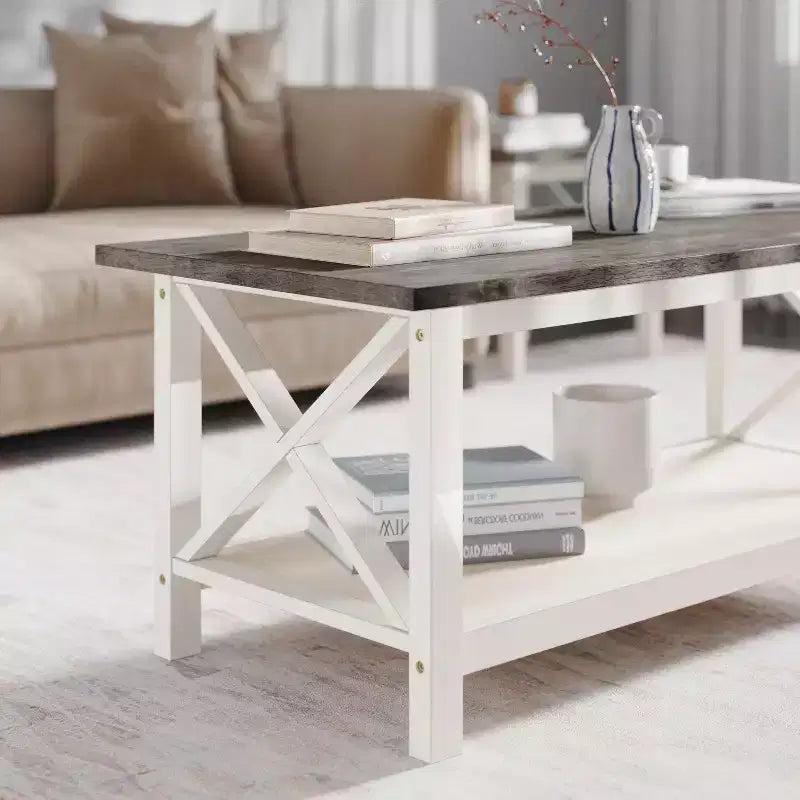 Table basse de style campagnard en bois massif avec étagère de rangement