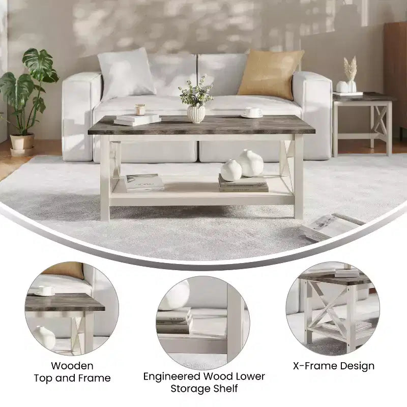 Table basse de style campagnard en bois massif avec étagère de rangement
