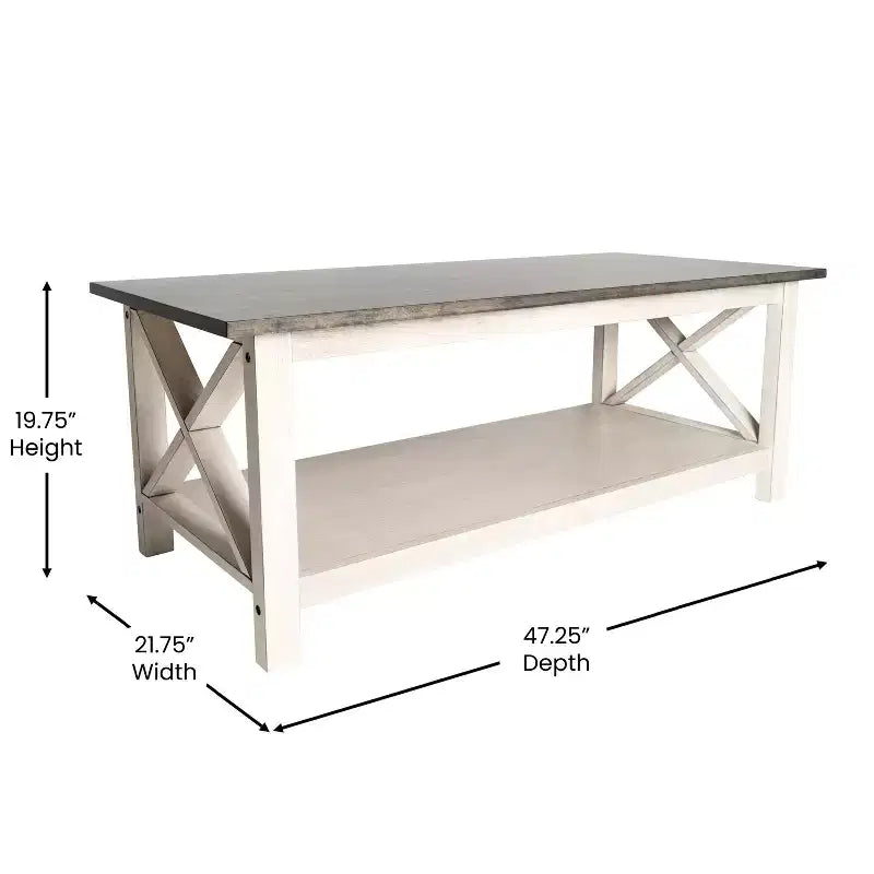 Table basse de style campagnard en bois massif avec étagère de rangement