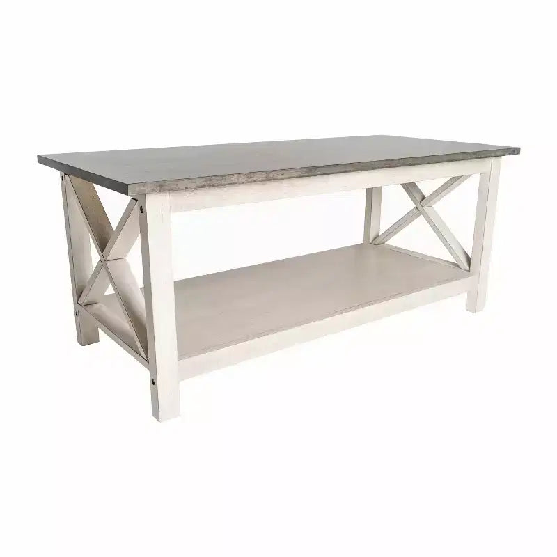 Table basse de style campagnard en bois massif avec étagère de rangement