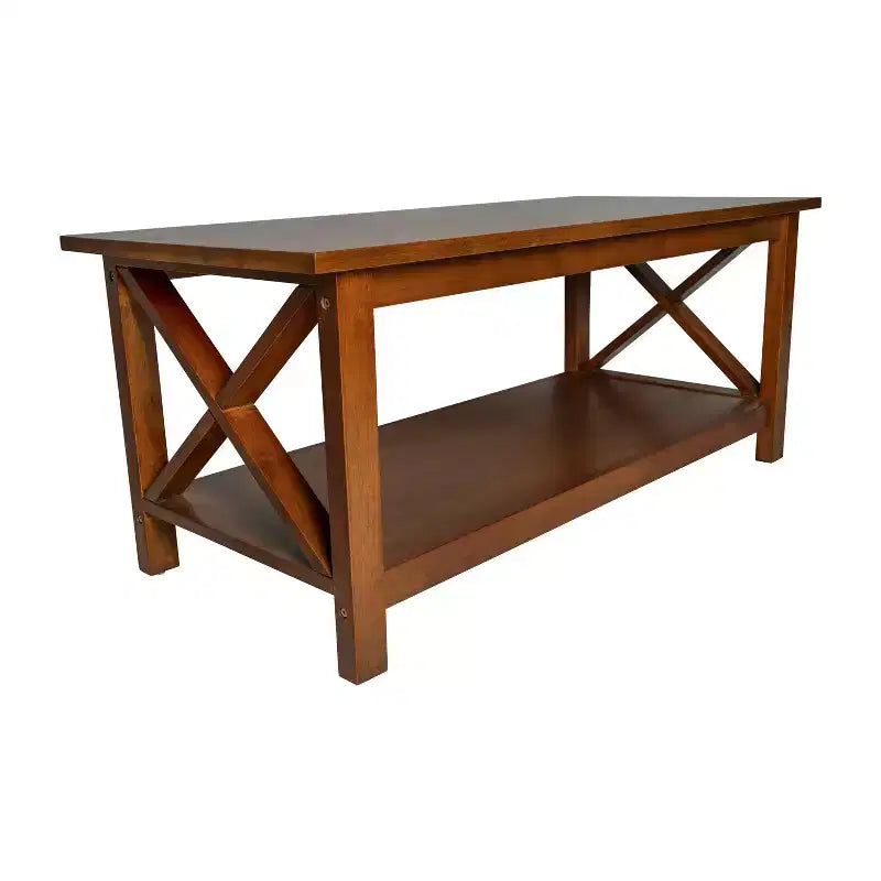 Table basse de style campagnard en bois massif avec étagère de rangement