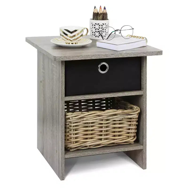 Table de chevet avec tiroir, étagère de rangement et présentoir, chêne français